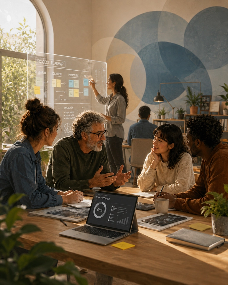 Diverse Gruppe arbeitet in einem warmen Workshopraum gemeinsam an Ideen für Coaching, Evaluation und digitale Unterstützung.
