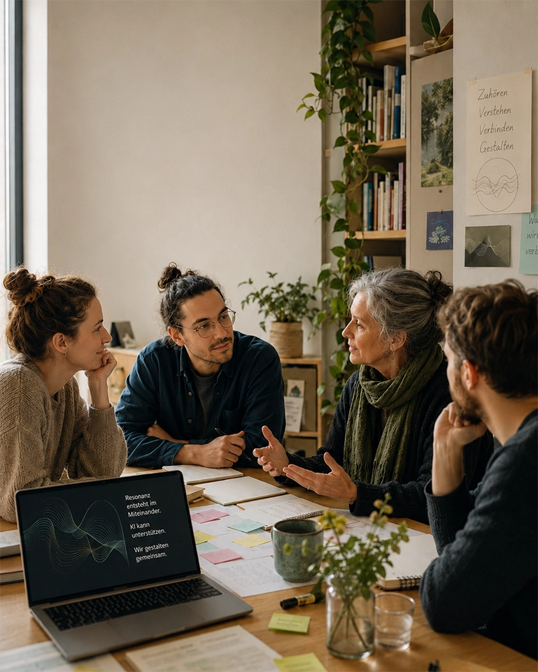 Menschen im Reallabor für Resonanz, Coaching und Künstliche Intelligenz im gemeinsamen Austausch