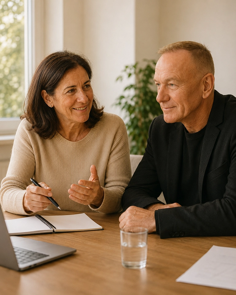 Zwei Coaches im vertrauensvollen Gespräch an einem Tisch mit Notizbuch, Laptop und Glas Wasser.